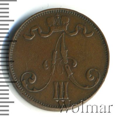 5 пенни 1892 г. Для Финляндии (Александр III). (5 пенни. Финляндия 1892г. Cu.)