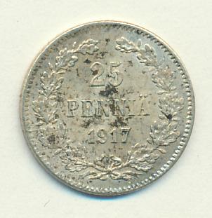 25 пенни 1917 г. S. Для Финляндии (Николай II). Гербовый орел без корон (25 пенни. 1917)