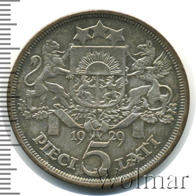 Латвия 5 латов, 1929 (5 лат. Латвия 1929г. Ag.)