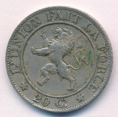 Бельгия 20 сантимов, 1861 (20 сантимов. Бельгия 1861)