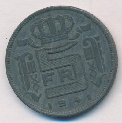 Бельгия 5 франков, 1941 (5 франков. Бельгия 1941)
