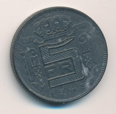 Бельгия 5 франков, 1945 (5 франков. Бельгия 1945)